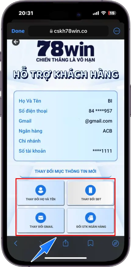 Bước 2 : Chọn thông tin mà Quý khách muốn thay đổi